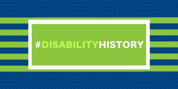Rectangular graphic: blue checkered background w/ 5 green bars horizontally-across middle that is centrally overlapped by a box w/ white border & green in the middle w/#DisabilityHistory